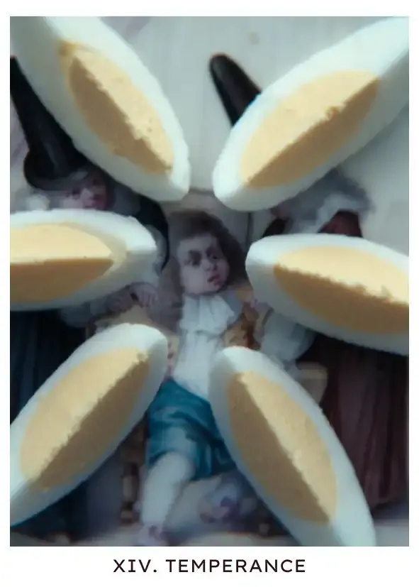 Temperance: Helena Eagan's breakfast, a hard boiled egg neatly cut into six slices, placed on a ritual plate with a child being restrained and sat down by figures dressed in 17th century American settler attire. A bite of a slice is all she eats, and this is still unsatisfying and rebellious to her father, watching her have breakfast, as Kier would eat his eggs raw.
