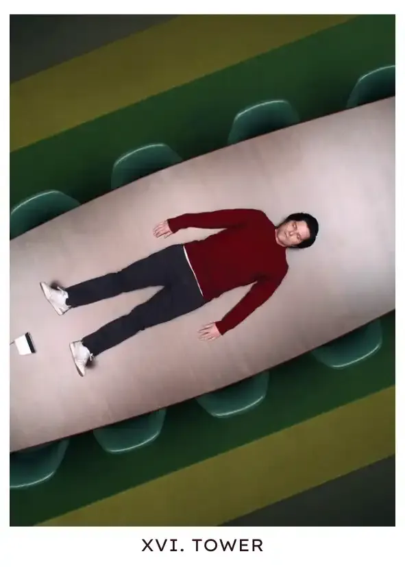 Tower: Mark starts remembering his innie memories chronologically upon reintegration. Here, he lies in his outie clothing in the conference table where his innie woke up on his first day of work after they underwent severance. Unfortunately for him, both severance and reintegration have consequences.