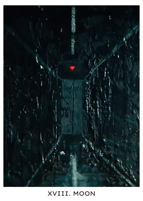 Moon: One of outie Irving's paintings of the hallway that leads to the testing floor. The black oil paint is so thick that one feels like they could drown in it, and the painting is reproduced every night on a caffeine high, a message hoping to reach a dreaming listener.
