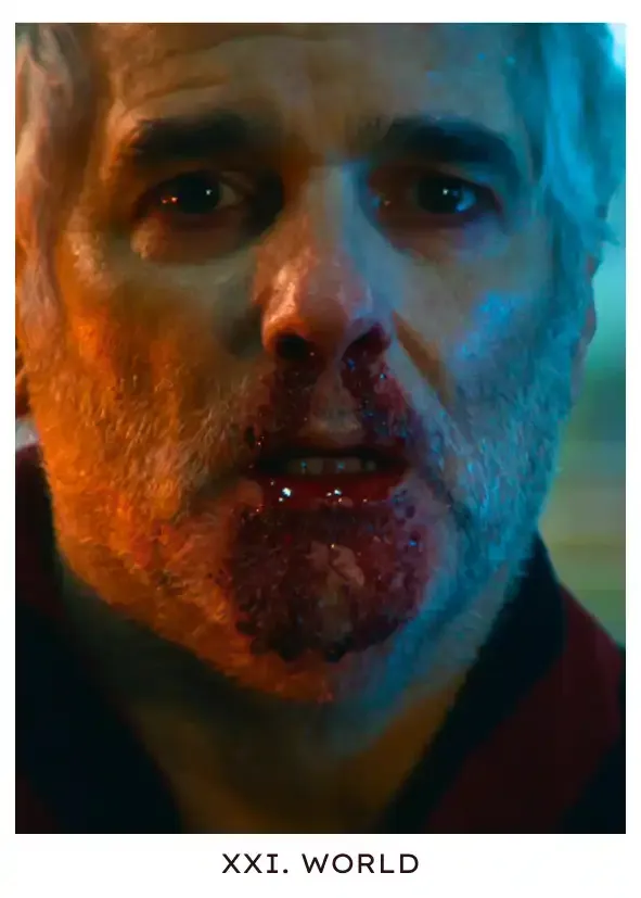 World: Reintegrated Petey, bleeding profusely from his nose, stands in front of a convenience store, hungry and experiencing a severe stroke. He looks at Mark warmly, a bit confused, perhaps surprised to find his friend from work in this strange outside he only sometimes remembers. He's lit up both red and blue by the ambulance lights, fully reintegrated seconds before his death.