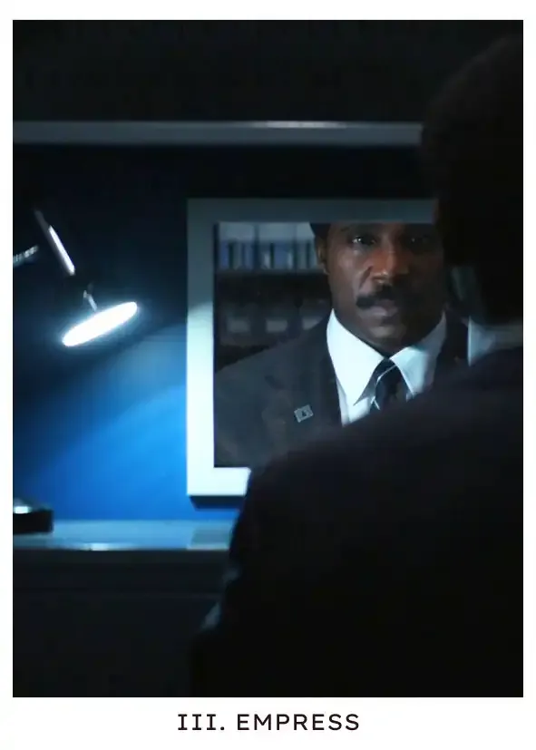 Empress: Milchick stands in front of a small square mirror, chastising himself for his rich vocabulary and urging himself to grow in increasingly rough tone, recreating the break room punishment.