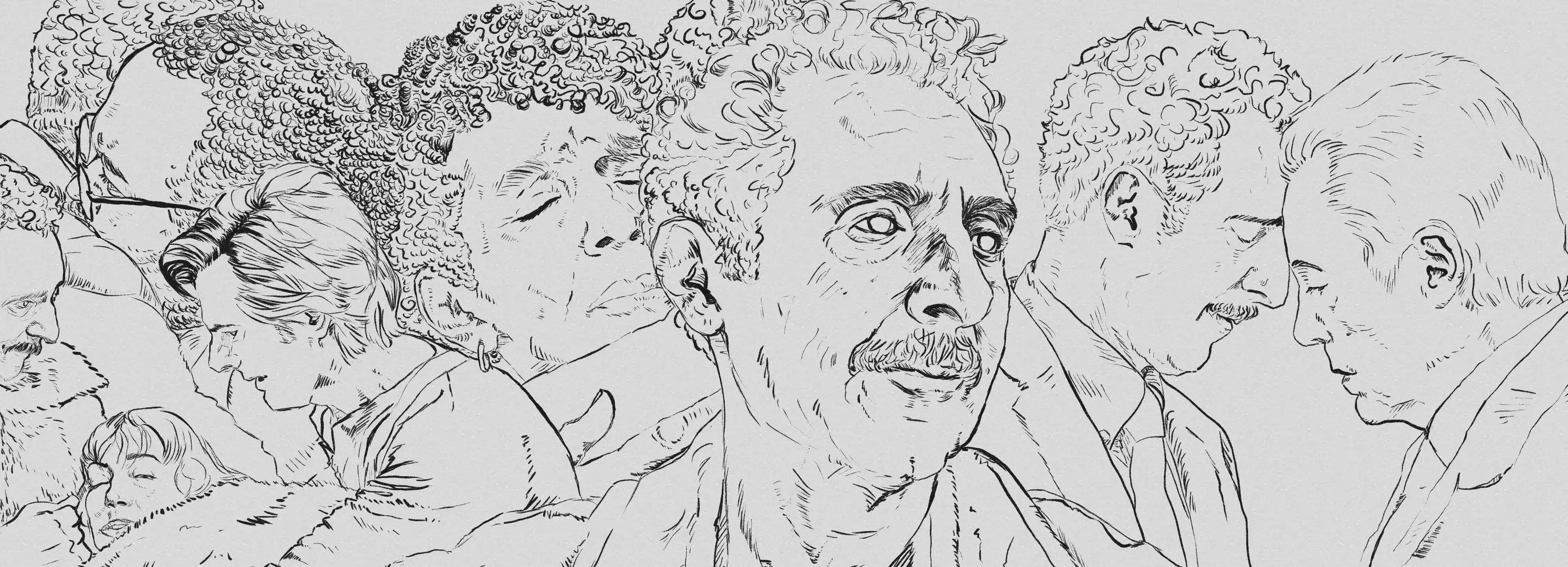 A mural depicting outie Irving from Severance, looking wistfully to a side of the mural which shows his innie and Burt's touching foreheads in the plant room, echoing their goodbye at the station. Behind him, out of his line of sight, are vignettes of his innie showing and being showed affection: Cradling Helly alongside Mark after the drowning attempt, Dylan's face as his innie hugs him close, with his brow furrowed and his eyes worried, and Felicia from O&#x26;D, hugging innie Irving tightly in relief when he visits for the first time since Burt's retirement party.