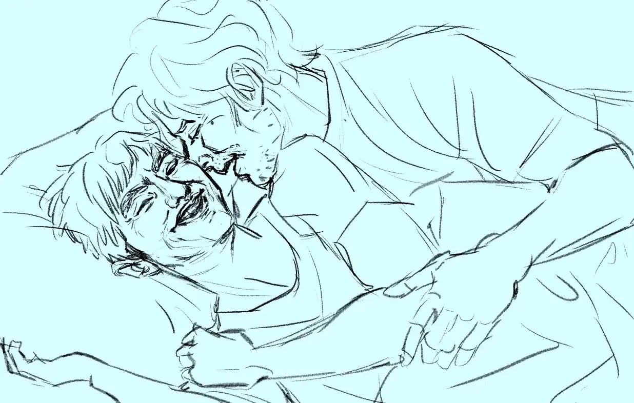 A rough sketch of Shiro and Kenji from What Did You Eat Yesterday. They’re fooling around in bed and laughing, with Kenji spooning Shiro and whispering something in his ear, as Shiro laughs and turns to kiss him.
