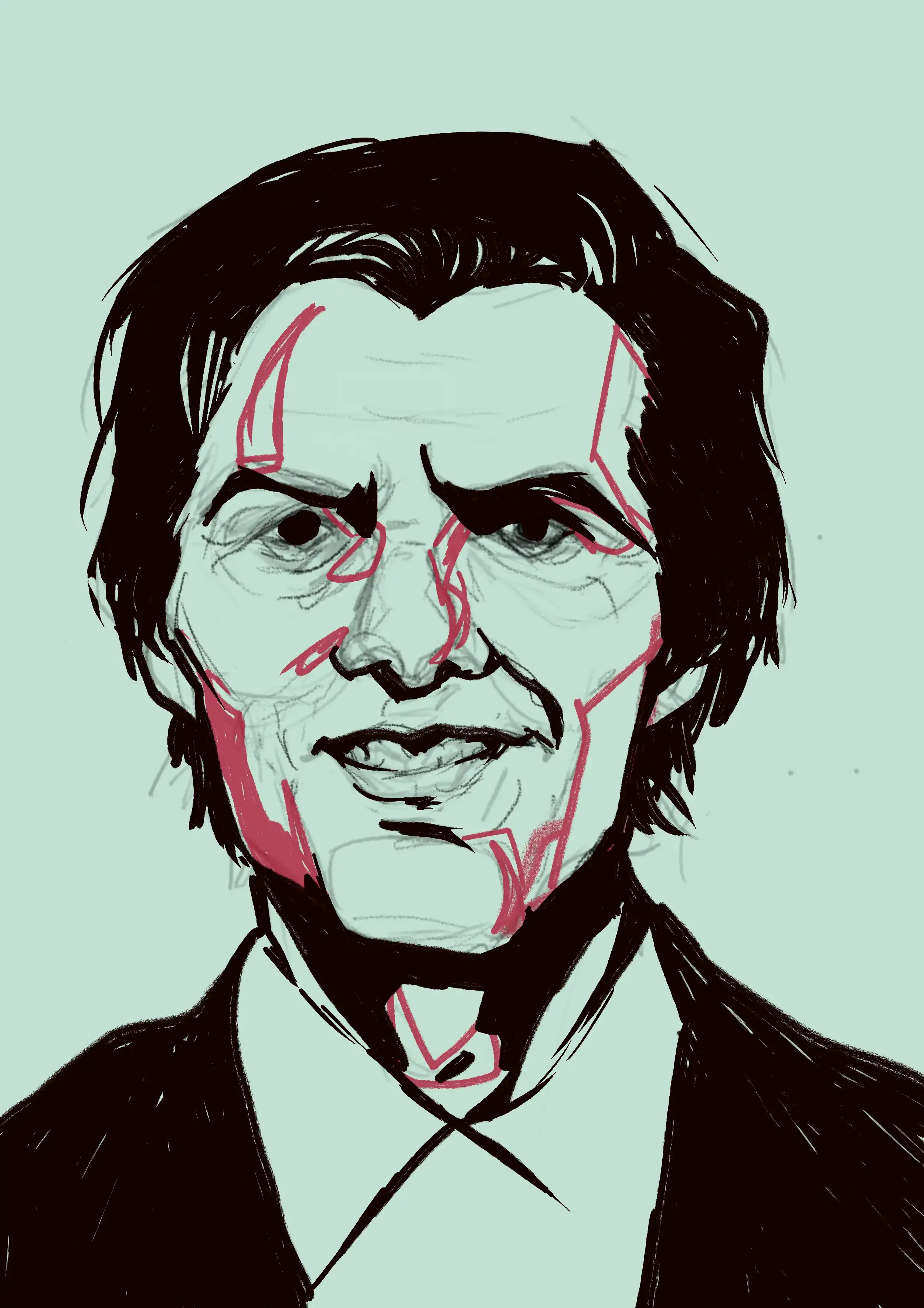 A digital bust portrait of Adam Scott as Mark S. It's unfinished, the hard shadows not quite coalescing into a painting.