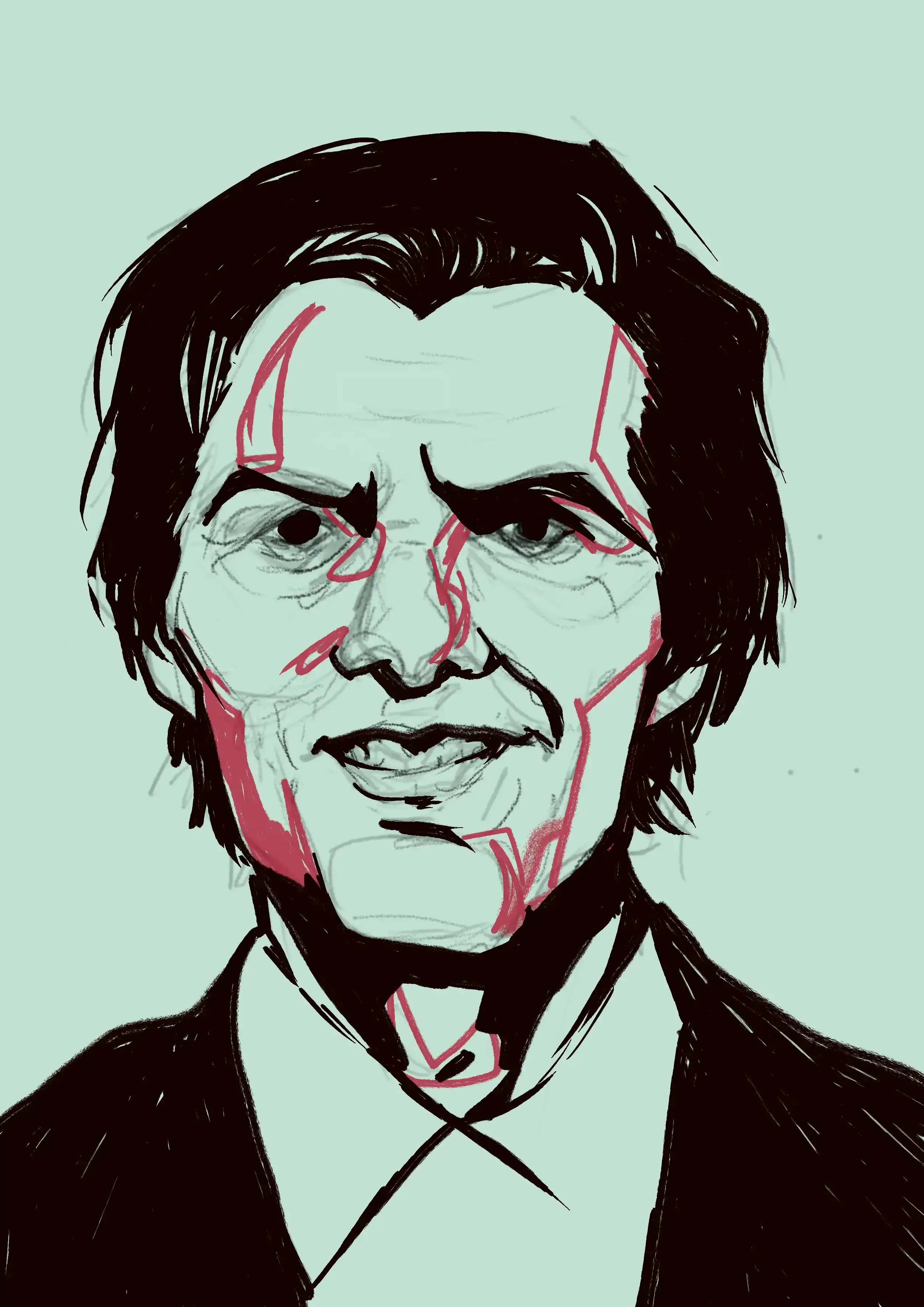A digital bust portrait of Adam Scott as Mark S. It’s unfinished, the hard shadows not quite coalescing into a painting.