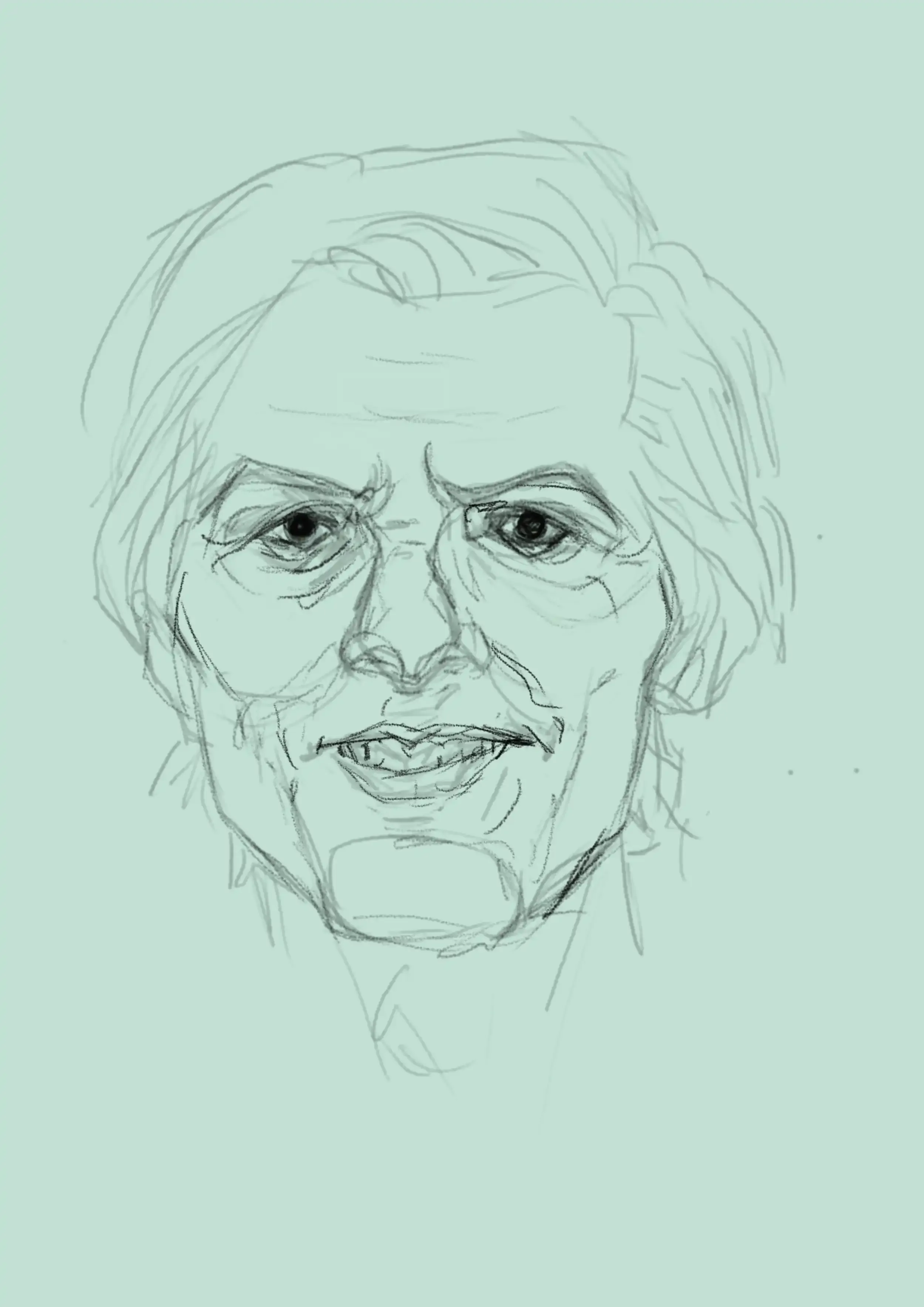 The same portrait but in its sketch iteration, two sets of linework overlap.
