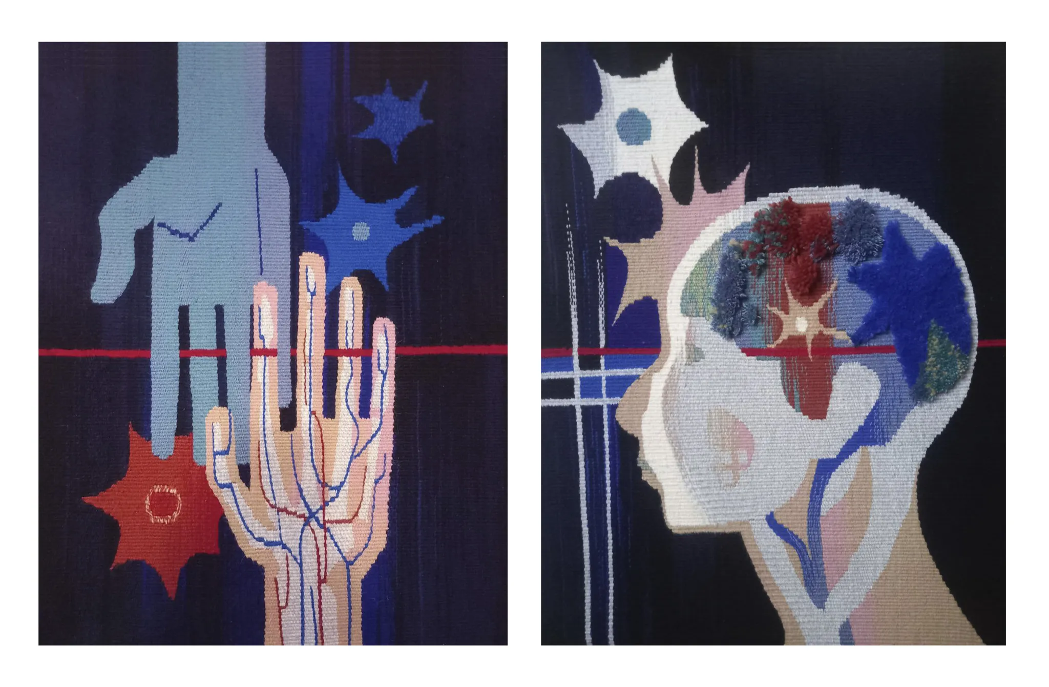 A woven tapestry in blues and reds of the nervous system on a hand lighting up as it touches another. In the next image of the same medium and colors, the lit up neurons are visible through a person's skull. Both tapestries are joined by a red line that goes across the fingertips and through the eye into the center of the brain in the next one.