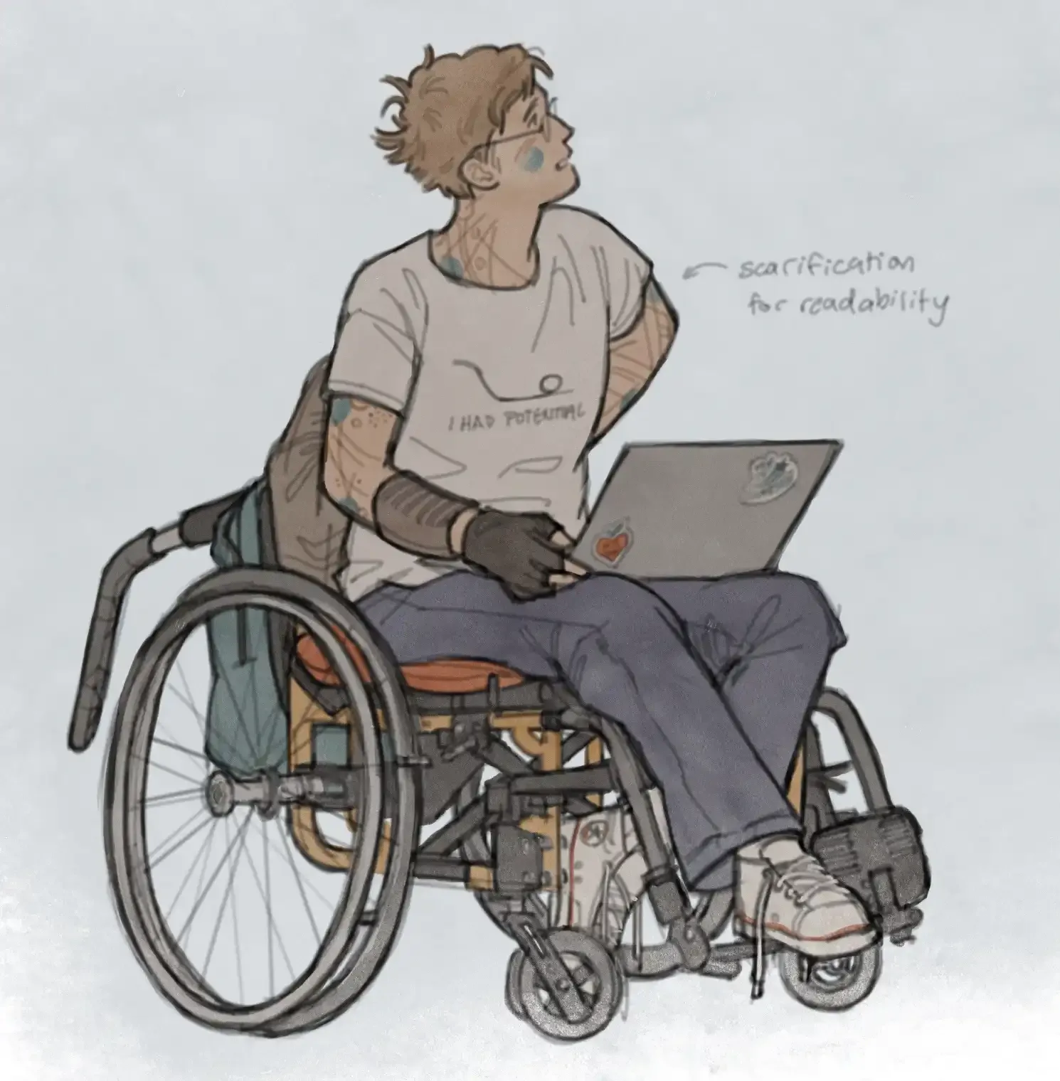 Fanart of Ryland Grace from Project Hail Mary. He's using a manual wheelchair and his skin has been scarified with patterns like the Eridians' bodies, the raised skin being legible to them, and tattooed in teal as celebratory regalia.