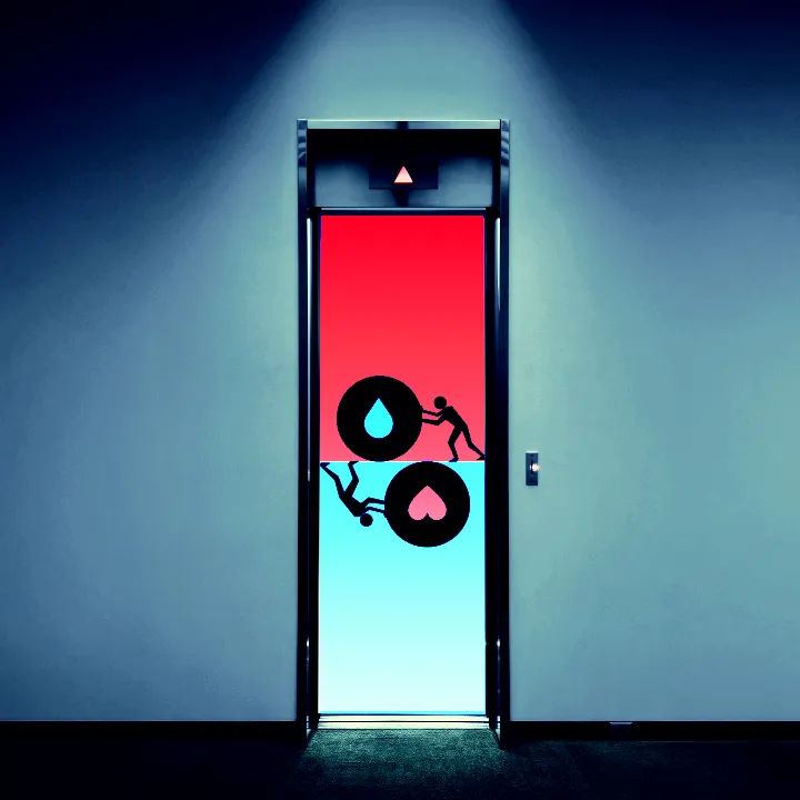 An open elevator showing two stickpeople rolling boulders with symbols on them. The upper one rolls a blue tear on a red background, the lower one rolls a red heart on a blue background.