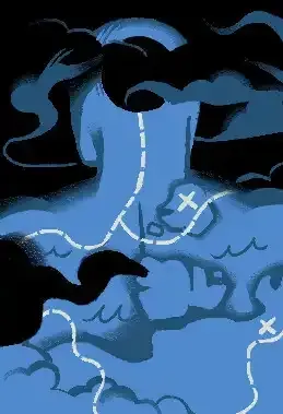 A skill portrait for Ithaca, an Intellect skill, in blue tones. Its shape resembles a head and muscular torso and there's a circular gap in its face that mirrors a cyclops' eye. Its body looks like a sea peppered with islands, overlaid with aimless route markings. All over there are fogs and mists blurring its outline.
