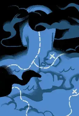 A skill portrait for Ithaca, an Intellect skill, in blue tones. Its shape resembles a head and muscular torso and there's a circular gap in its face that mirrors a cyclops' eye. Its body looks like a sea peppered with islands, overlaid with aimless route markings. All over there are fogs and mists blurring its outline.