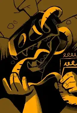 A skill portrait for Elektor, an Motorics skill, in yellow tones. A pair of hands loops measuring tape around a dinosaur skull encased in dirt, trying to understand through limited means the circumstance of its death.