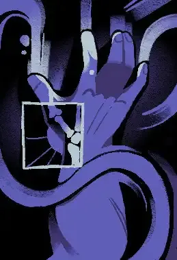 A skill portrait for Earthling, a Psyche skill, in purple tones. It depicts a human hand fingerpainting on a wall, and the paint trails almost look like roots leading to the fingers that paint them. There is an x-ray cut showing the mechanism of the opposable thumb.
