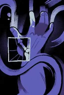 A skill portrait for Earthling, a Psyche skill, in purple tones. It depicts a human hand fingerpainting on a wall, and the paint trails almost look like roots leading to the fingers that paint them. There is an x-ray cut showing the mechanism of the opposable thumb.