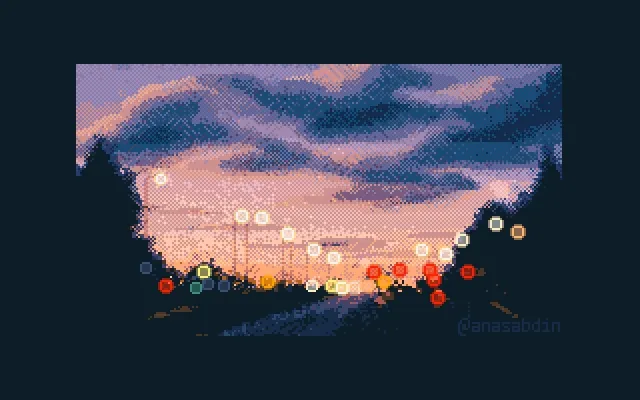 A lightly animated dithered illustration of a road at dusk. The traffic lights glow softly, and the cars rustle.