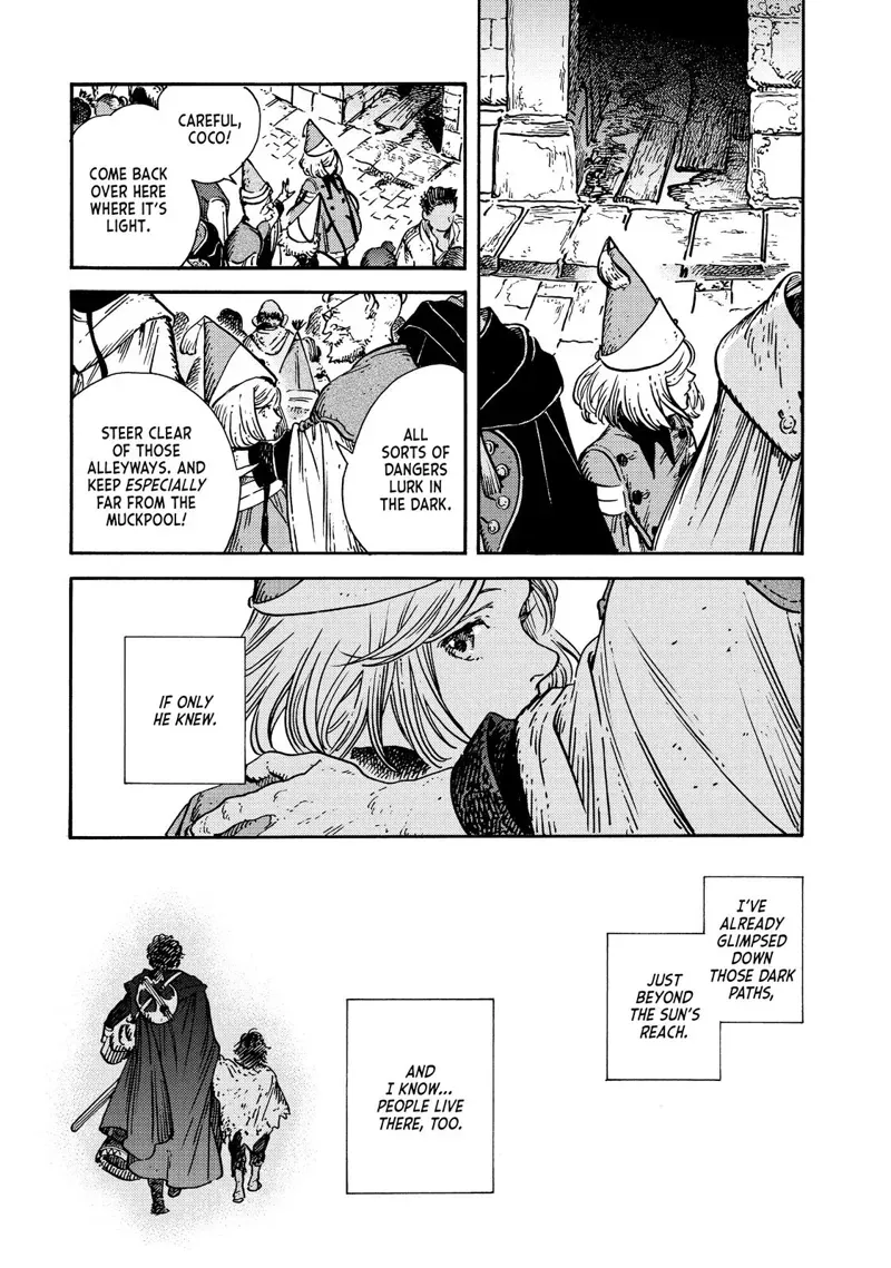 A manga page from Tongari Boushi no Atelier. During the Silver Eve festival, Nornoa warns Coco to stay away from the muckpool, a ghetto where magical detritus is dropped and undesirables live. She thinks, "If only he knew... I've already glimpsed down those dark paths, just beyond the sun's reach, and I know... people live there, too." She pictures her friend Custas, one of said undesirables, and his father Dagda, a traveling musician that took him in.