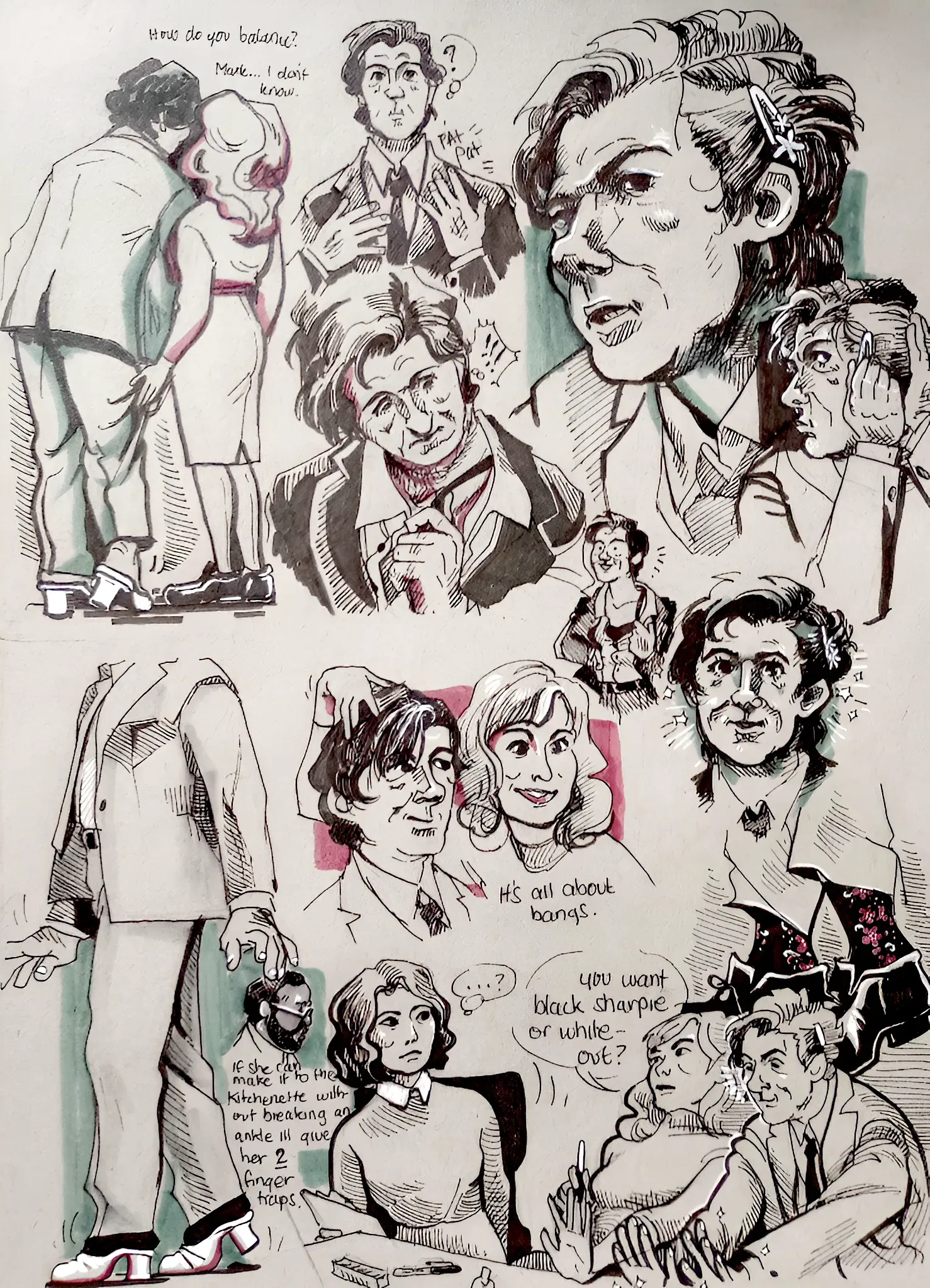 A full page of marker sketches of Mark from Severance; she’s a trans woman partaking in gender affirming activities. Each vignette is described below.